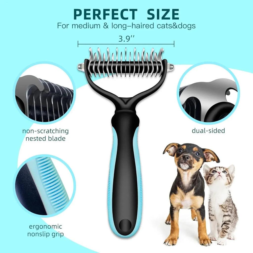 Peine y cepillo de acero inoxidable de doble cara para eliminar el pelo y los enredos de perros y gatos; accesorio de aseo para mascotas.