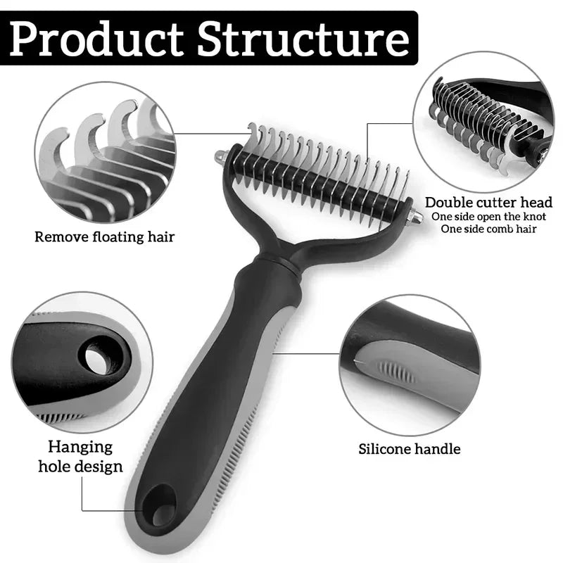 Peine y cepillo de acero inoxidable de doble cara para eliminar el pelo y los enredos de perros y gatos; accesorio de aseo para mascotas.