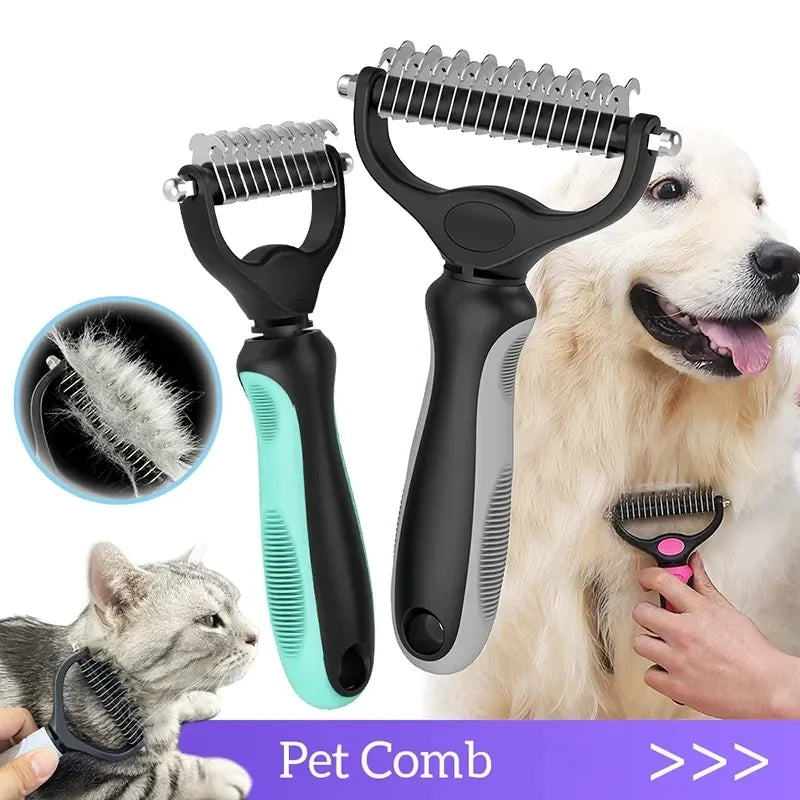 Peine y cepillo de acero inoxidable de doble cara para eliminar el pelo y los enredos de perros y gatos; accesorio de aseo para mascotas.