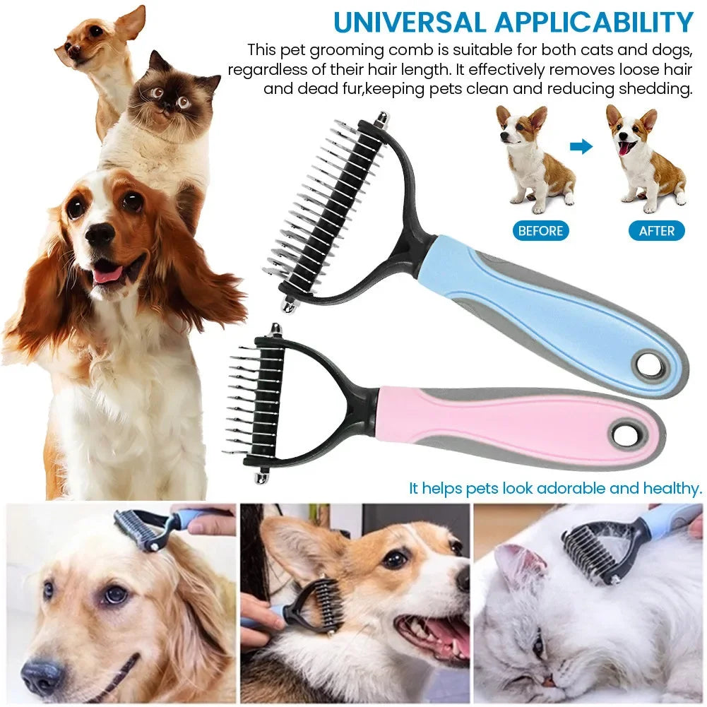 Peine y cepillo de acero inoxidable de doble cara para eliminar el pelo y los enredos de perros y gatos; accesorio de aseo para mascotas.